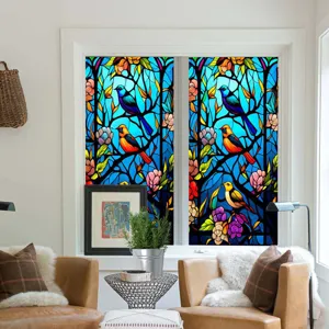 Static stained glass window film with colorful birds and flowers, removable PVC privacy sticker.