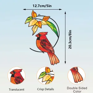 Red cardinal stained glass metal wall hanging window ornament with double sided color.