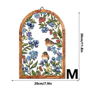 Wooden arch wall hanging detail showing bird and berry botanical illustration, size 30x20cm.