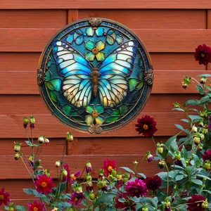 Arte de pared de mariposa de vitral decoración colgante de metal para jardín y hogar