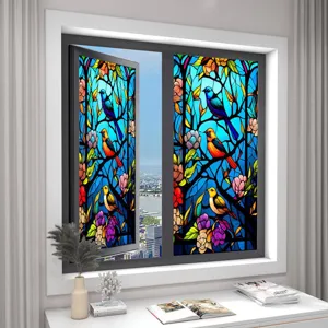Decorative stained glass window film with colorful bird and floral pattern, removable PVC film.