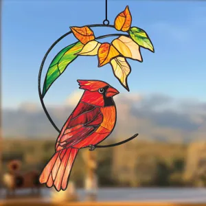 Stained glass cardinal suncatcher window hanging, autumn leaves metal frame home decor ornament.