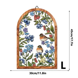 Wooden arched wall hanging decor with botanical bird and berry illustration for home.