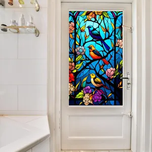 Colorful stained glass window film with birds and flowers pattern, static cling glue-free PVC.
