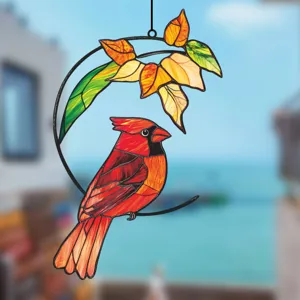 Stained Glass Cardinal Window Hanging Autumn Leaves Suncatcher Bird Home Decor Art