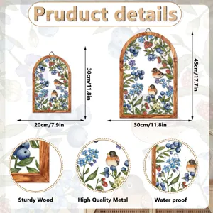 Wooden metal wall art hanging arch decor with blue bird and berry rustic farmhouse style for home