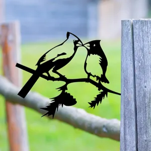 Metal garden bird silhouette stake decorative double cardinals iron art for outdoor fence tree yard.