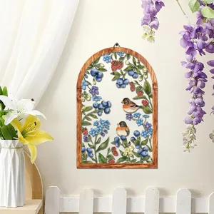 Wooden arched wall hanging decor with vintage bird and floral illustration for home.