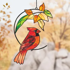 Stained glass cardinal window hanging autumn leaves metal iron art home decor suncatcher gift