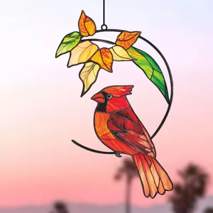 Beautiful stained glass cardinal window hanging metal art with autumn leaves for home decor detail
