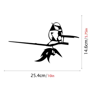 Metal bird garden stake detail showing dimensions of 25.4x14.6cm, black silhouette design.