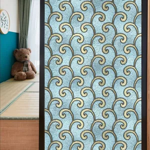 Retro mat PVC statische raamfolie met blauw gouden patroon voor privacy en decor.