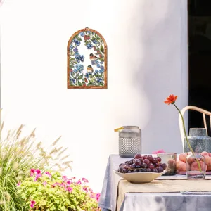 Wooden and iron arched wall hanging decor featuring birds and berries for home decor.