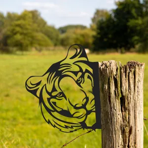 Outdoor metal tiger silhouette art detail shot, perfect garden stake decor for yard & lawn.