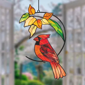Stained glass red cardinal window hanging suncatcher with autumn leaves for home decor