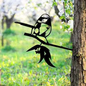 Metal bird silhouette garden stake tree ornament outdoor yard art decor detail view