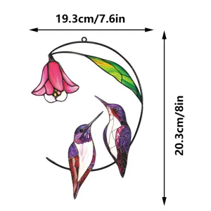 Detailed view of stained glass hummingbird wall hanging decor with flower and leaf design.