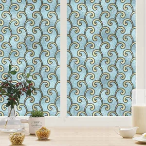 Decoratieve raamfolie statisch hechtend mat glas sticker met vintage blauw goud patroon.