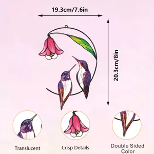 Stained glass style metal hummingbird wall hanging decor, double sided color, 7.6x8 inch
