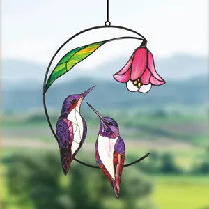 Stained glass hummingbird hanging ornament, metal frame detail, colorful window suncatcher decor.