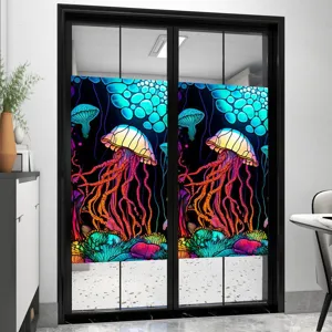 Detailed view of colorful jellyfish static window film, PVC decorative glass sticker for home decor.