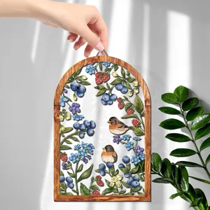 Wooden arched wall hanging decor with vintage bird and berry botanical illustration for home.