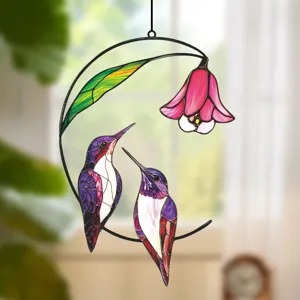 Stained glass hummingbird hanging ornament metal wall art decor for window home interior design