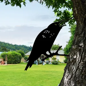 Metal garden crow silhouette stake, black iron tree branch decoration for outdoor yard.