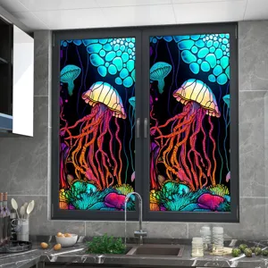 Close-up of colorful jellyfish window film applied on kitchen glass, offering vibrant privacy and decor.