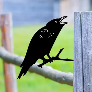 Metal crow garden stake, black silhouette bird art for outdoor yard and lawn decor.