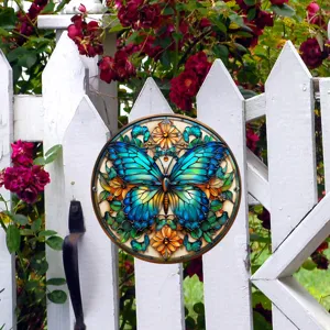 Placa colgante de jardín de mariposa estilo vidrio pintado para decoración exterior.