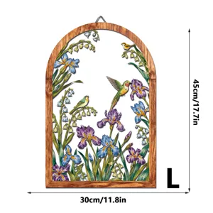 Wooden arched wall hanging decor with colorful floral and bird metal art, size 45x30cm.