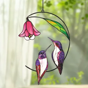 Stained glass hummingbird hanging ornament, metal frame flower decor for window and wall.