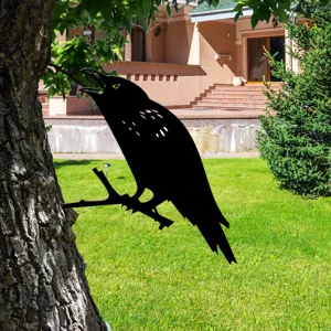 Metal raven tree silhouette stake, black iron crow garden art decor for outdoor yard tree.