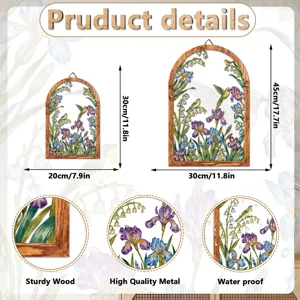 Wooden frame and metal flower wall hanging detail view showing dimensions and close-up features.