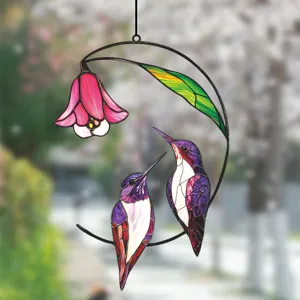 Stained glass double hummingbird hanging ornament, metal iron art window wall decor craft.