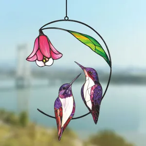 Stained glass hummingbird metal hanging ornament window decor floral suncatcher for home garden