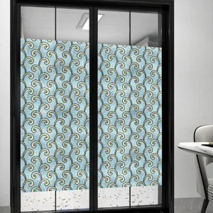 PVC retro statische raamfolie, blauw gouden krulpatroon, verwijderbare matte glassticker.
