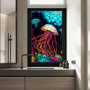 Colorful jellyfish static cling window film for bathroom, removable PVC glass sticker detail.