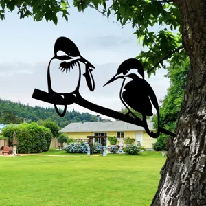 Metal bird tree silhouette garden stake outdoor yard decoration detail view showing metal art.