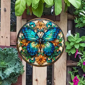 Placa colgante de jardín con mariposa de estilo vidriera redonda detalle decoración