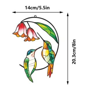 Metal stained glass hummingbird wall hanging decor, double-sided window art ornament 14x20cm