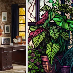 Stained glass window film decorative botanical privacy static cling vinyl for home office decor