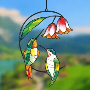 Stained glass hummingbird window hanging ornament, dual birds and flowers design detail.