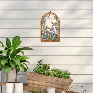 Wooden iron wall hanging decor featuring elegant flower and hummingbird design for home.