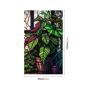 Stained glass window film with vibrant potted plants pattern, removable static PVC sticker.