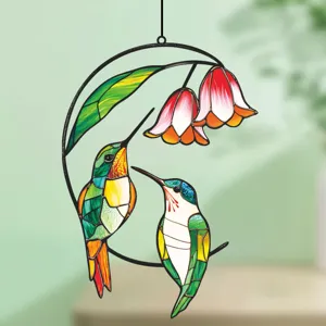 Detailed view of stained glass style hummingbird metal hanging window ornament decor