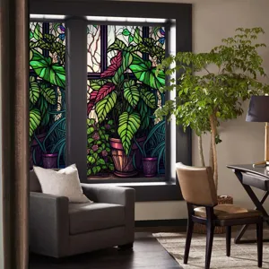 Botanical stained glass window film scene detail showing vibrant colorful plant design.