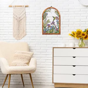 Wooden iron wall hanging scene detail, arch floral decor, home living room display.