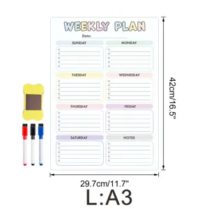 A3 magnetischer Wochenplaner Whiteboard Detailansicht mit Markern und Tafelschwamm inbegriffen.